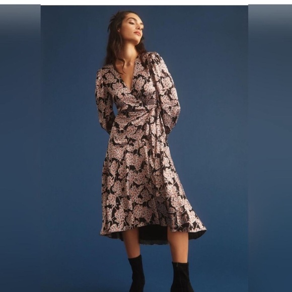 ANTHROPOLOGIE Caballero Pink & Black Motif Floral Wrap Long Sleeve Dress Large - Picture 2 of 15